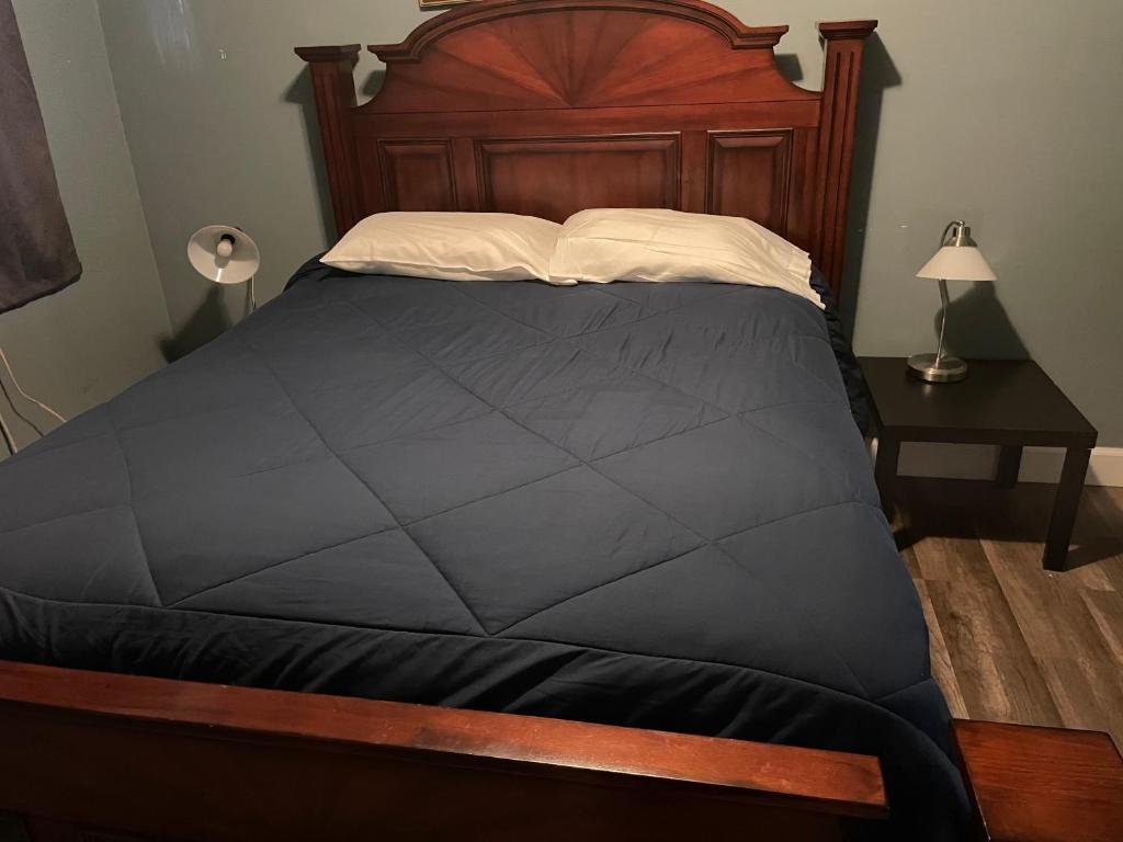 Bedroom with a dark wooden bed frame and black comforter.